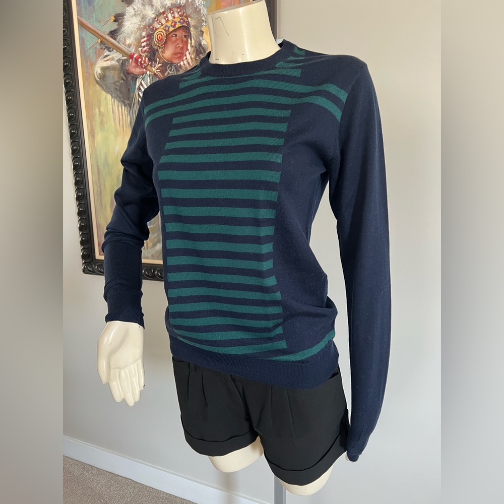 Valentino Navy Crewneck Sweater with Teal Stripes – No Size Tag (Fits XS–S) - Picture 4 of 12